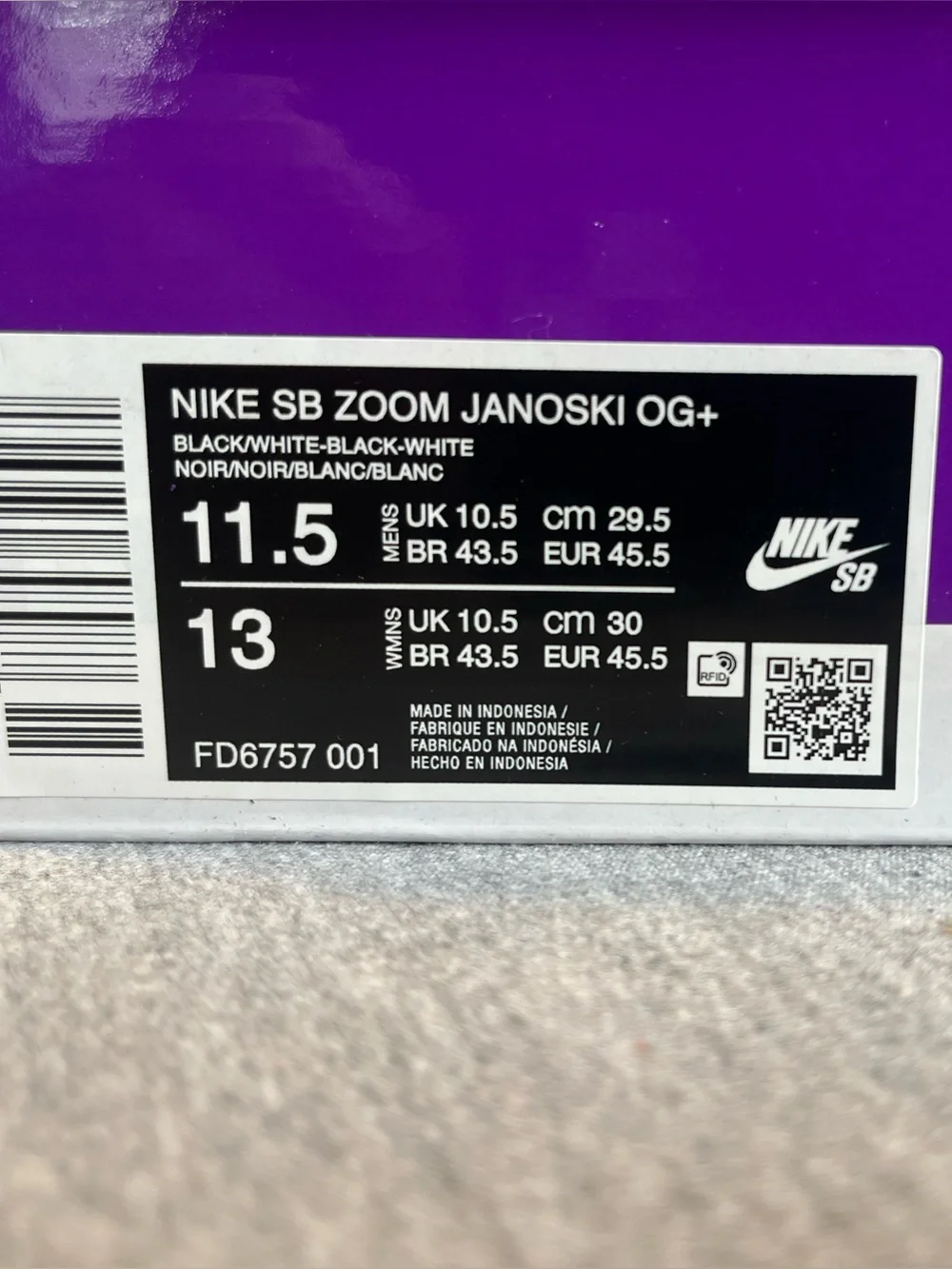 Nike SB Zoom Stefan Janoski OG+ Summit Black White Men’s Size 11.5 FD6757-001